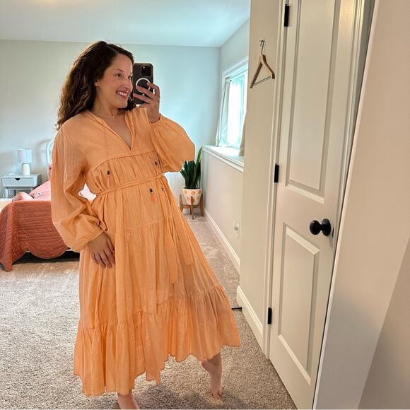 Emerson Fry India Collection Pink Peach Metallic Long Sleeve Maxi Dress M/L - Picture 5 of 16